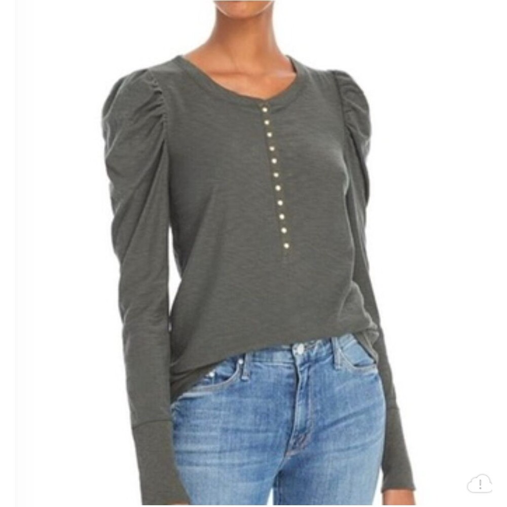 Nation LTD Lilian Front Snap Henley in Dark Olive Sz XS Pima Cotton Puff Sleeve